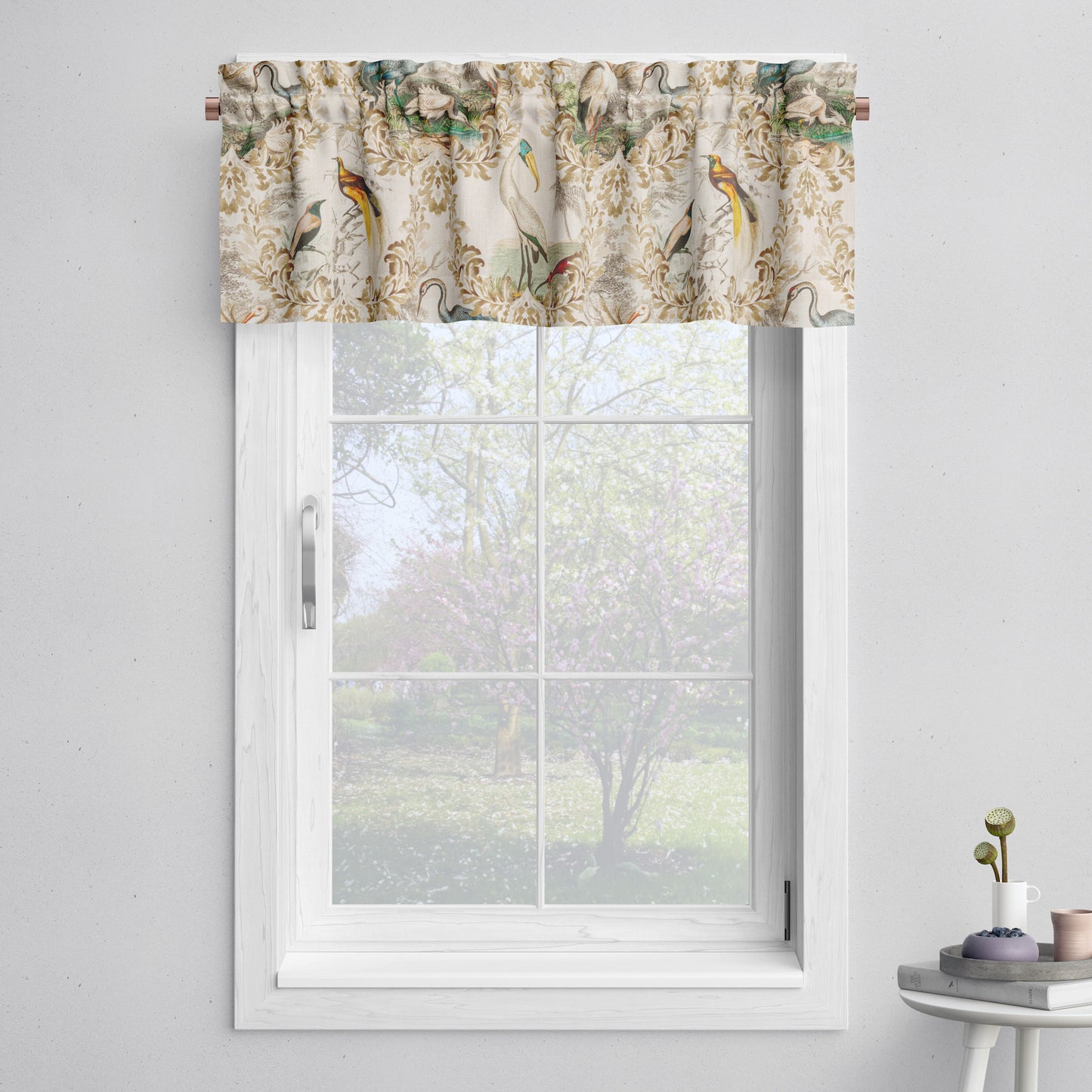 Tailored Valance in Wayward Natural Bird Toile