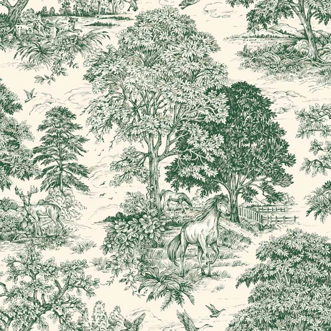 Tailored Bedskirt in Yellowstone Classic Green Country Toile- Horses, Deer, Dogs- Large Scale