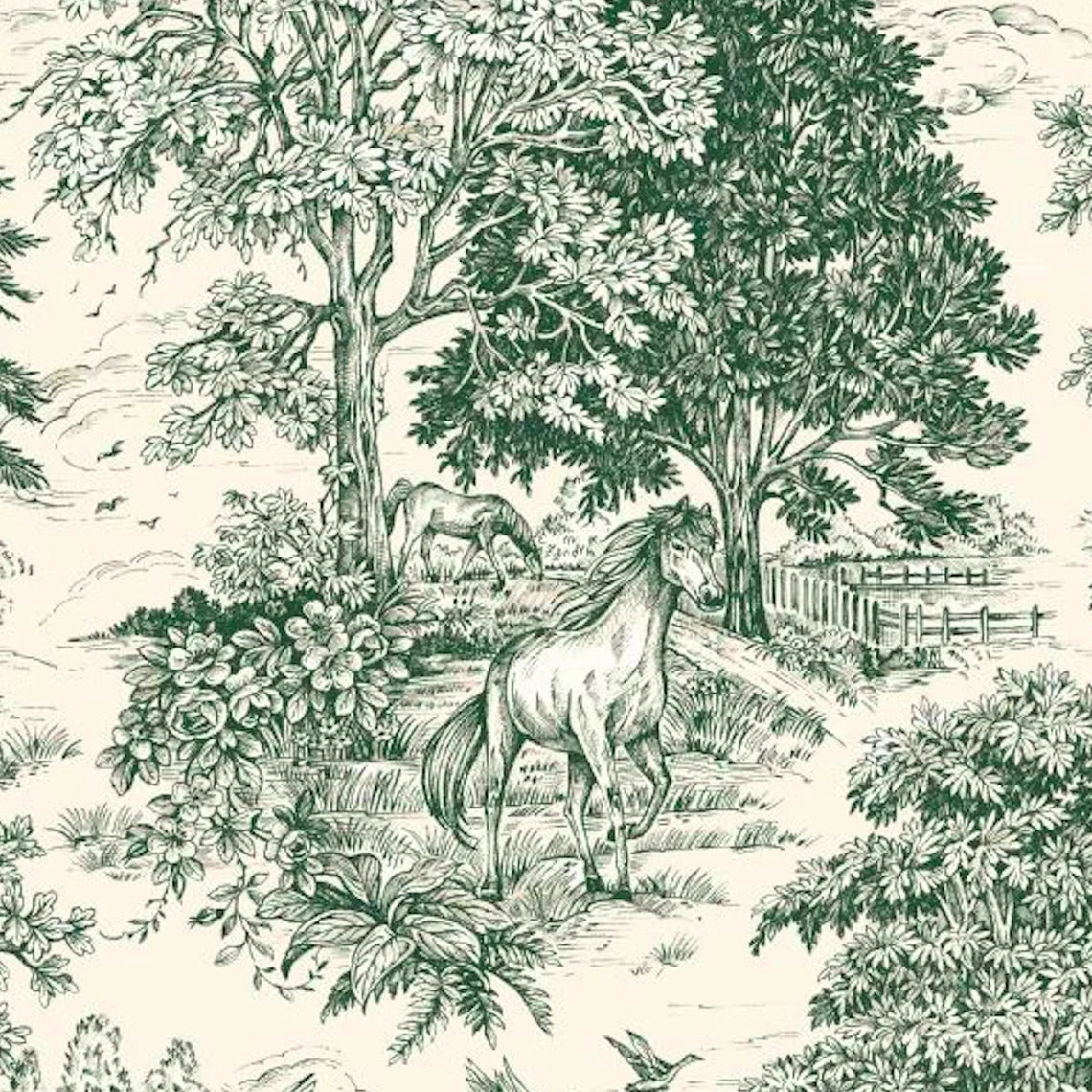 Back Tab Curtain Panels Pair in Yellowstone Classic Green Country Toile- Horses, Deer, Dogs- Large Scale