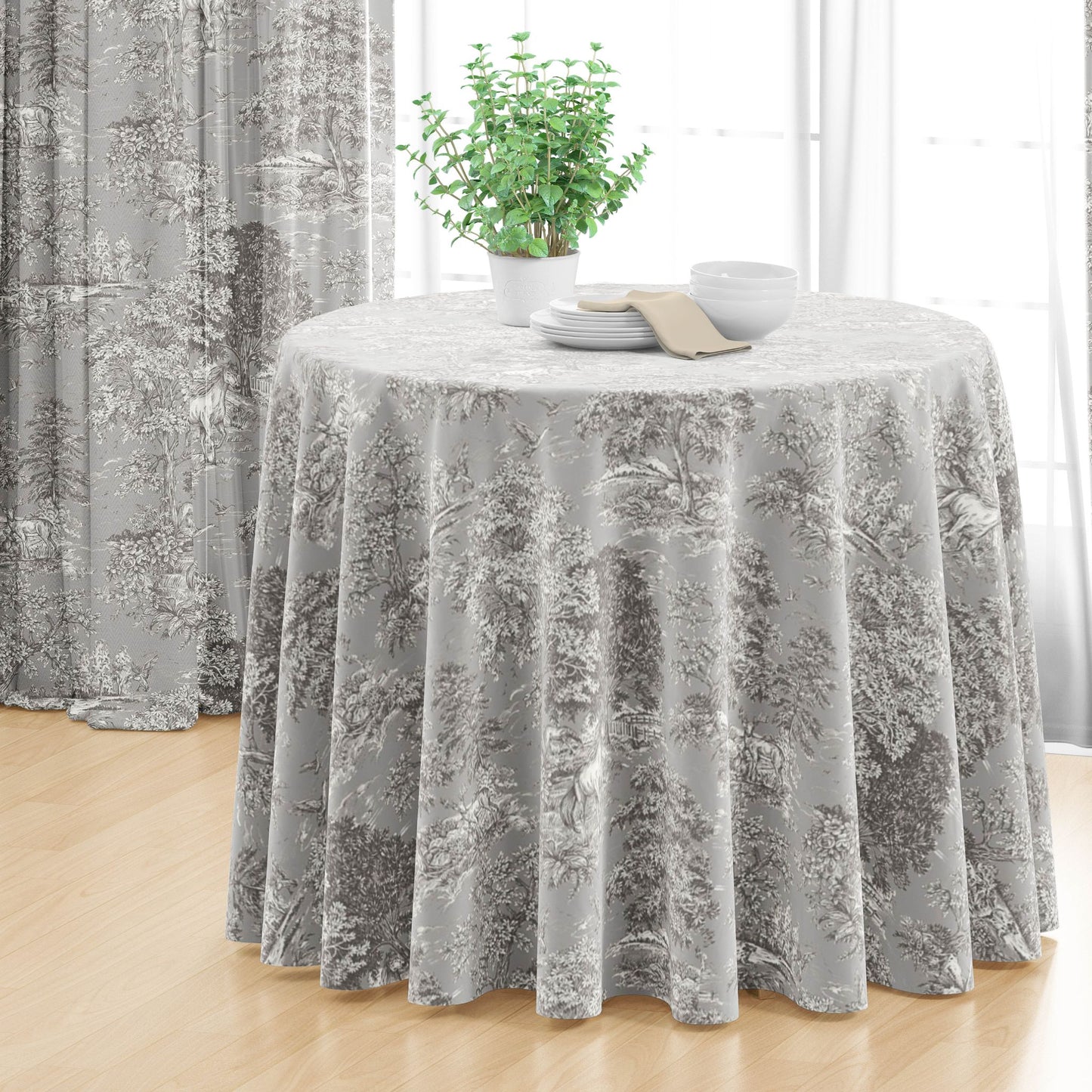 Round Tablecloth in Yellowstone Dove Blue Gray Country Toile- Horses, Deer, Dogs- Large Scale