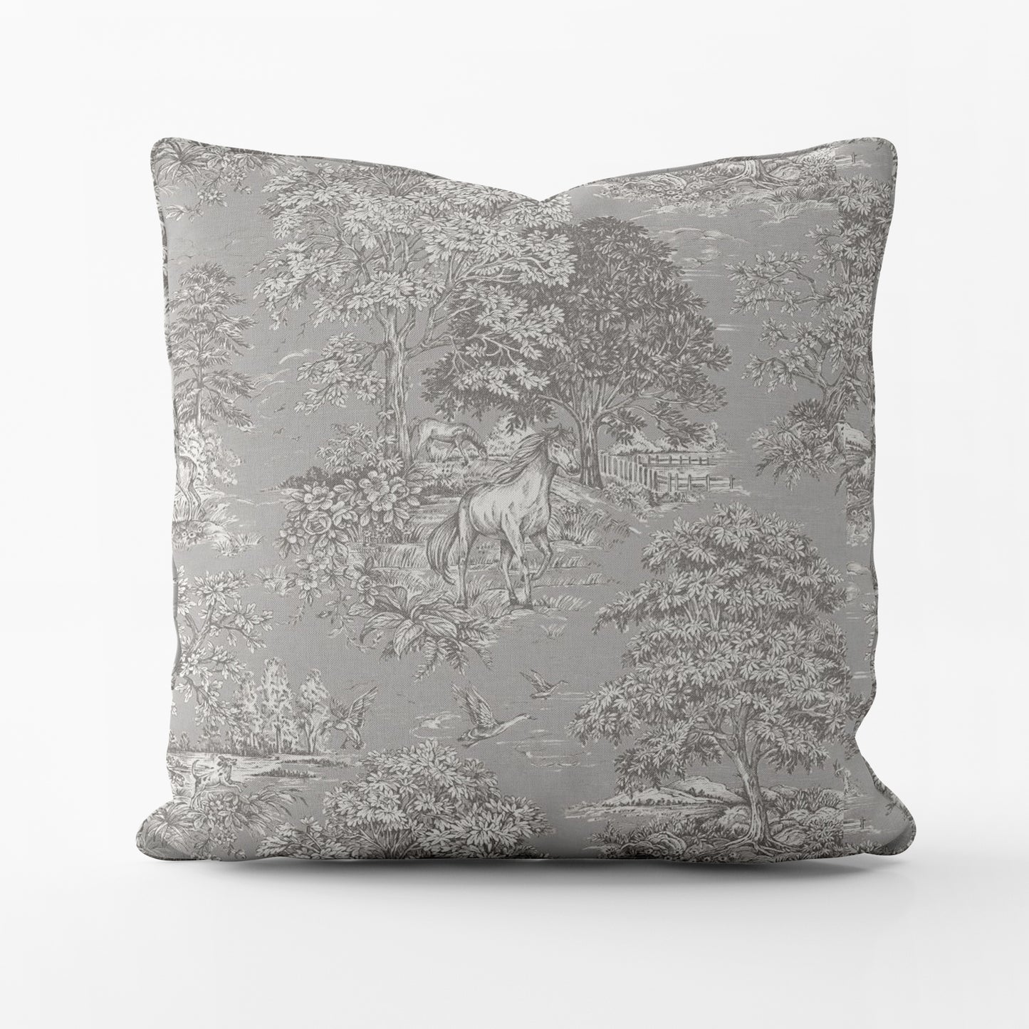 Decorative Pillows in Yellowstone Dove Blue Gray Country Toile- Horses, Deer, Dogs- Large Scale