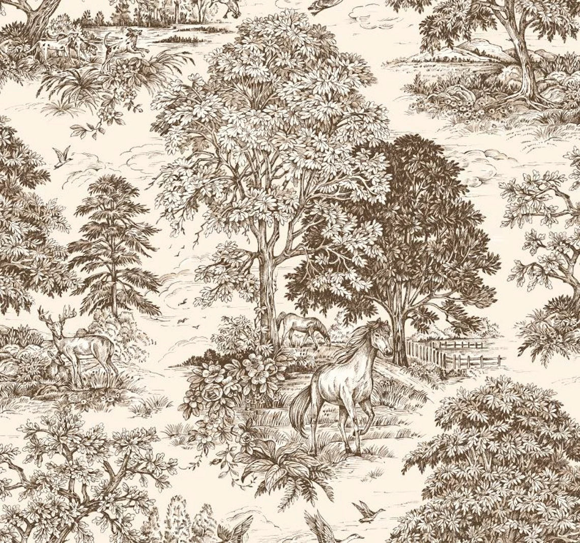 Stall (Narrow) Shower Curtain in Yellowstone Driftwood Brown Country Toile- Horses, Deer, Dogs- Large Scale