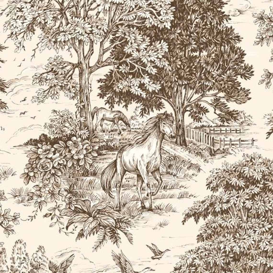 Stall (Narrow) Shower Curtain in Yellowstone Driftwood Brown Country Toile- Horses, Deer, Dogs- Large Scale