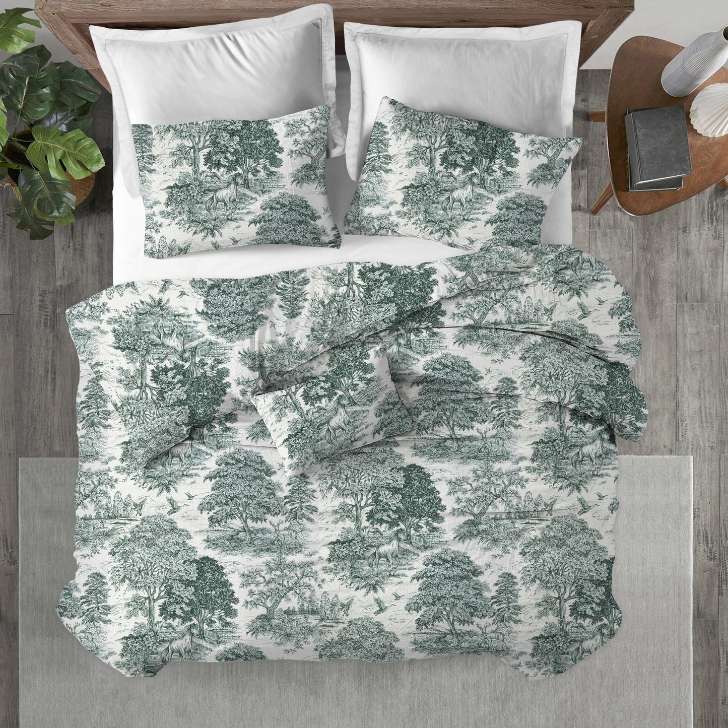 Duvet Cover in Yellowstone Classic Green Country Toile- Horses, Deer, Dogs- Large Scale