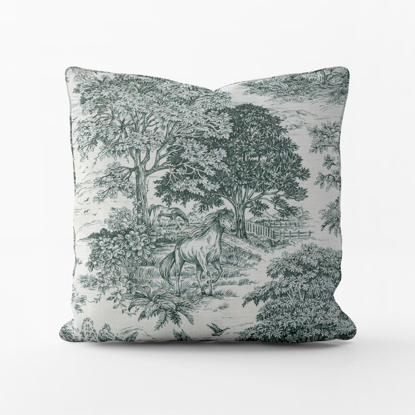 Decorative Pillows in Yellowstone Classic Green Country Toile- Horses, Deer, Dogs- Large Scale