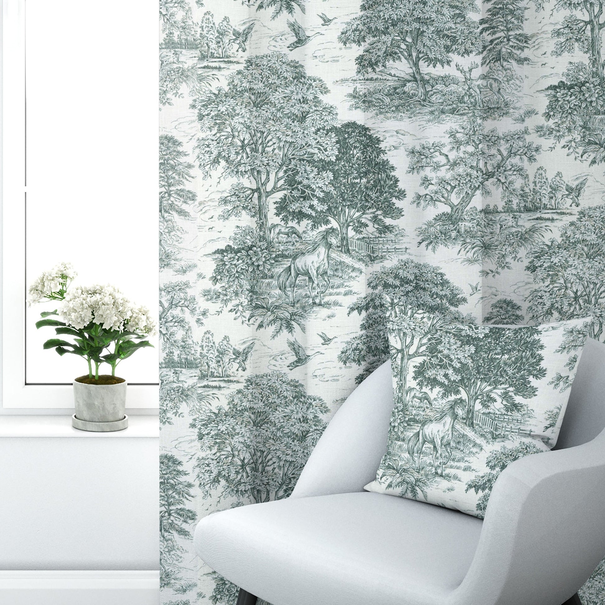 Back Tab Curtain Panels Pair in Yellowstone Classic Green Country Toile- Horses, Deer, Dogs- Large Scale