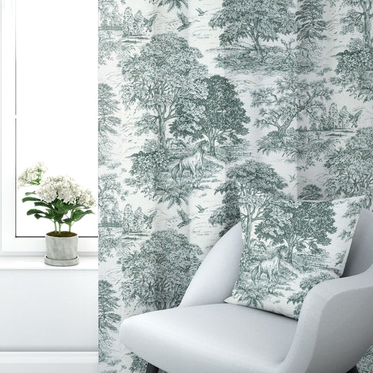 Back Tab Curtain Panels Pair in Yellowstone Classic Green Country Toile- Horses, Deer, Dogs- Large Scale