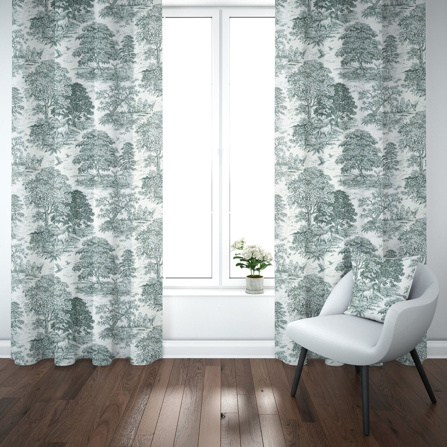 Back Tab Curtain Panels Pair in Yellowstone Classic Green Country Toile- Horses, Deer, Dogs- Large Scale