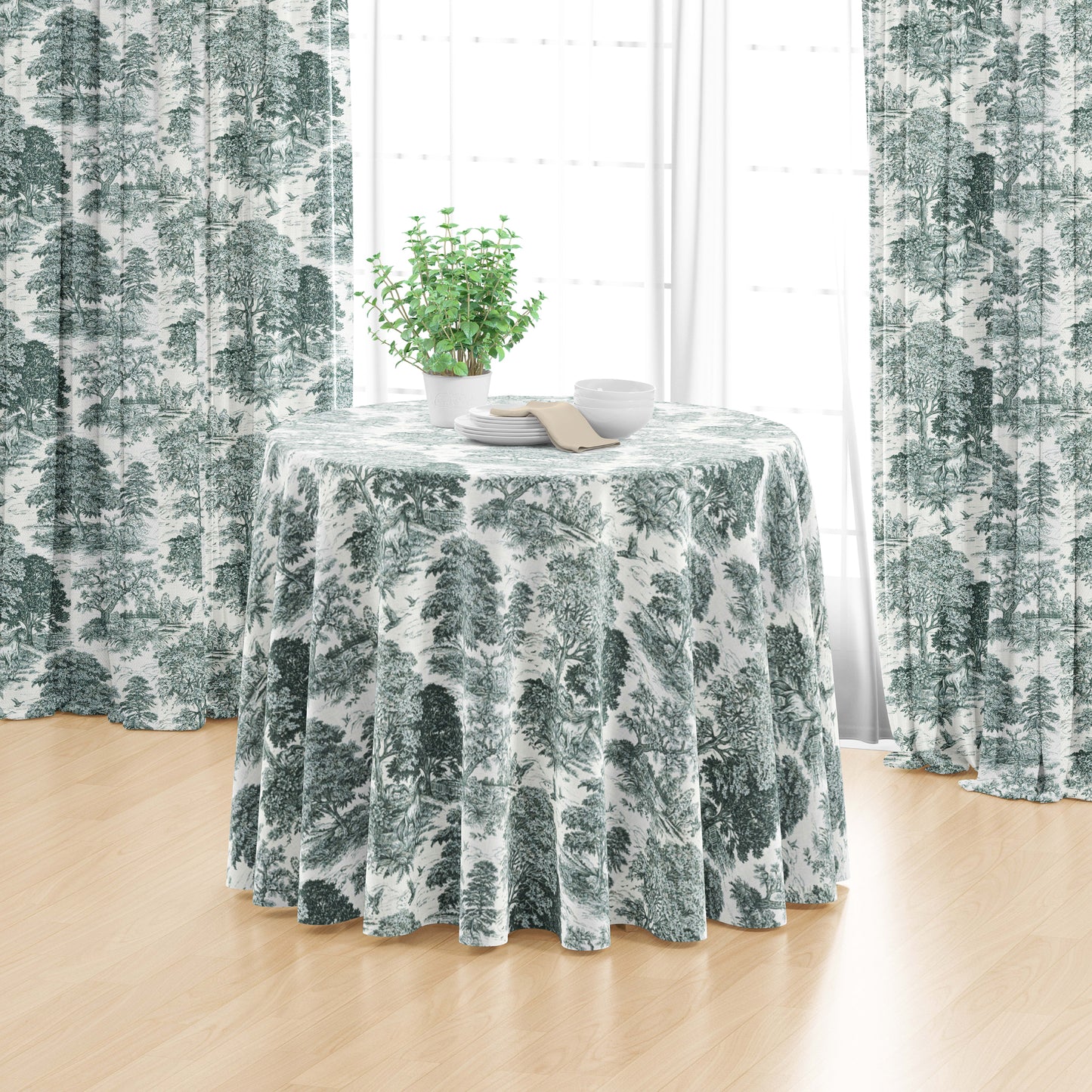 Round Tablecloth in Yellowstone Classic Green Country Toile- Horses, Deer, Dogs- Large Scale
