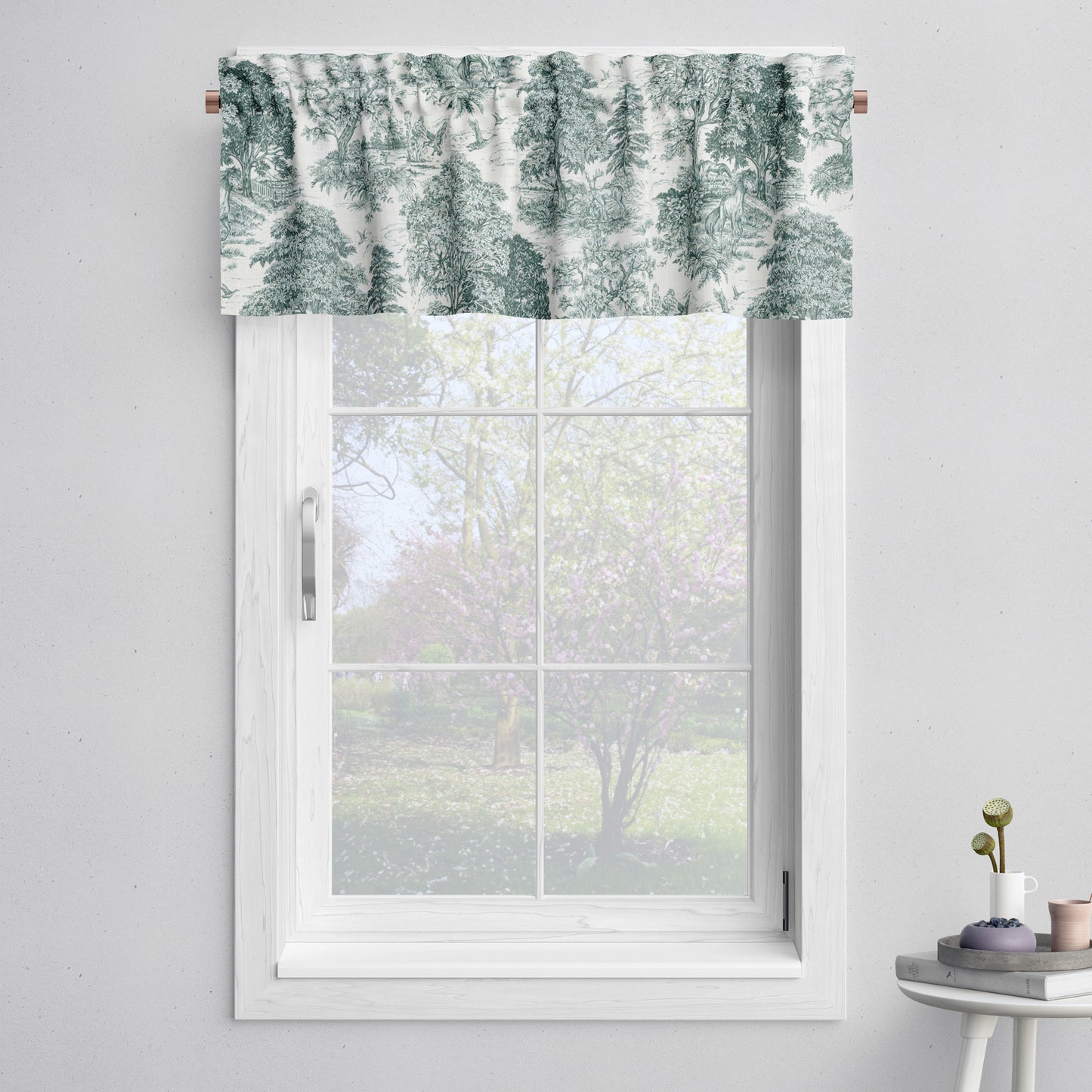 Tailored Valance in Yellowstone Classic Green Country Toile- Horses, Deer, Dogs- Large Scale