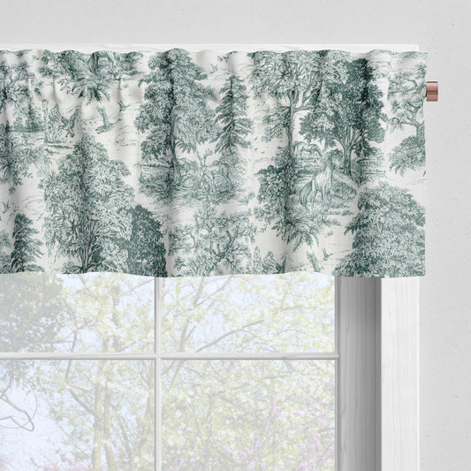 Tailored Valance in Yellowstone Classic Green Country Toile- Horses, Deer, Dogs- Large Scale