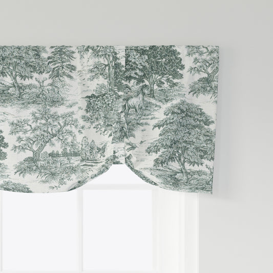 Tie-up Valance in Yellowstone Classic Green Country Toile- Horses, Deer, Dogs- Large Scale