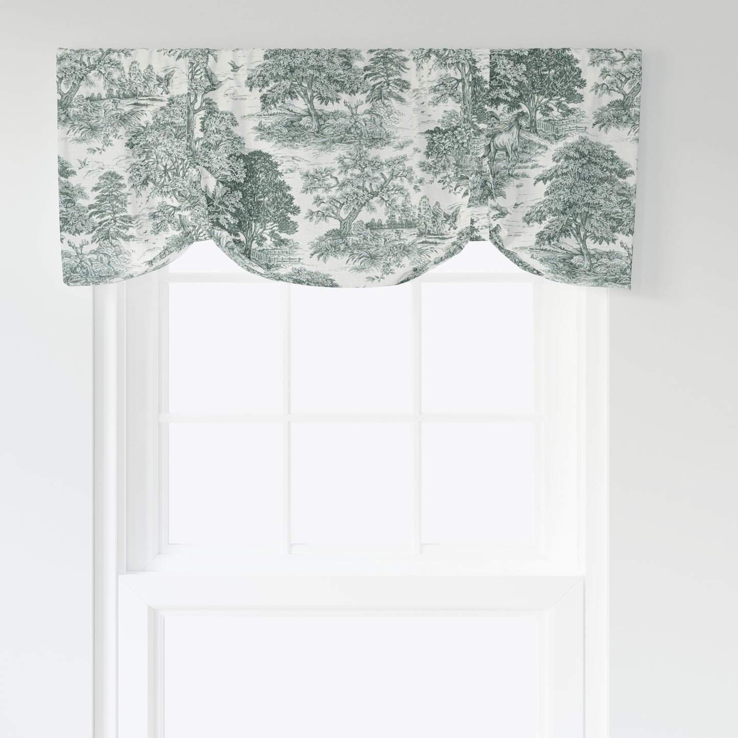 Tie-up Valance in Yellowstone Classic Green Country Toile- Horses, Deer, Dogs- Large Scale