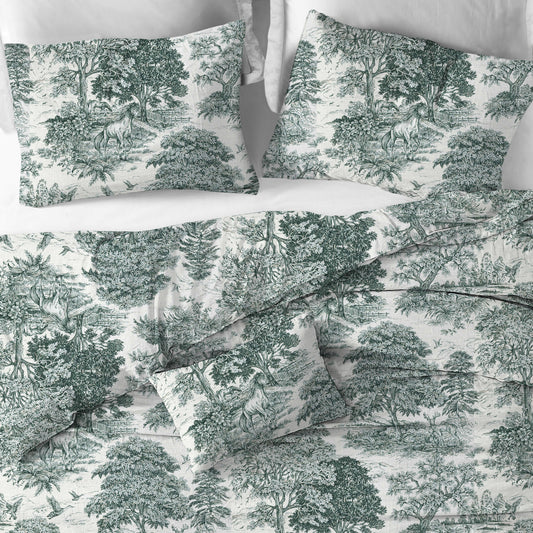 Duvet Cover in Yellowstone Classic Green Country Toile- Horses, Deer, Dogs- Large Scale