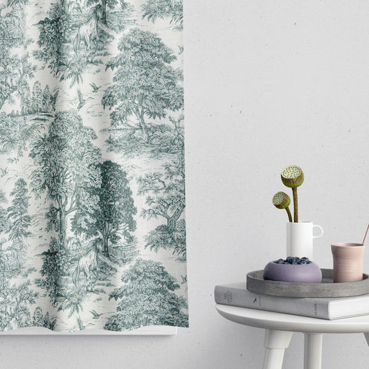 Tailored Tier Cafe Curtain Panels Pair in Yellowstone Classic Green Country Toile- Horses, Deer, Dogs- Large Scale