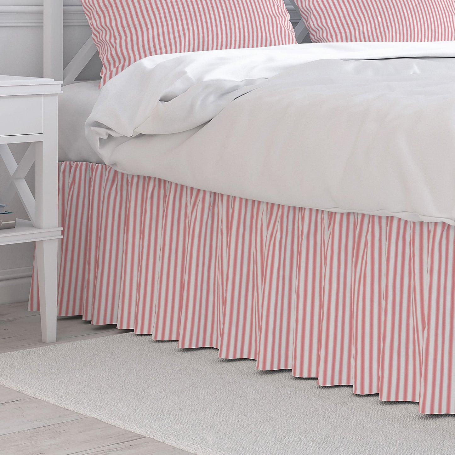 Gathered Bedskirt in Classic Lipstick Red Ticking Stripe on White