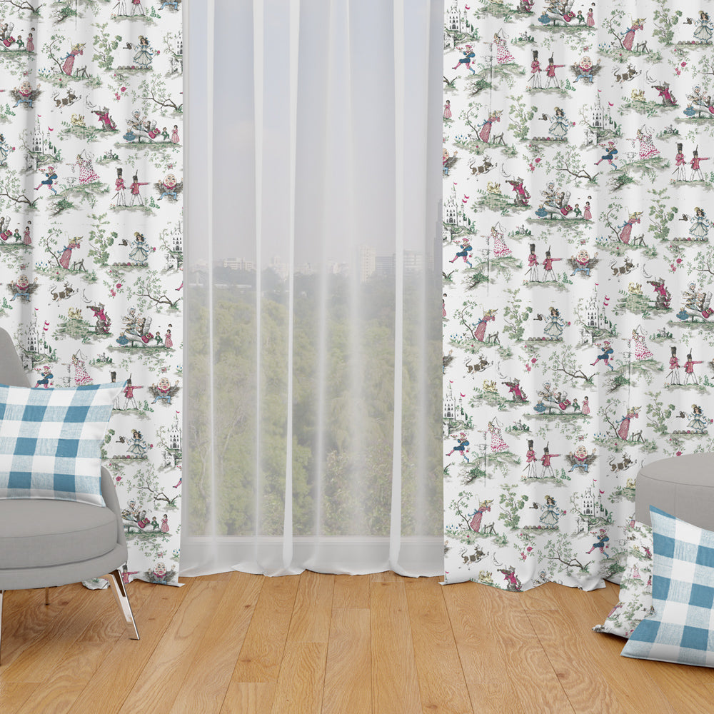 a room with a wooden floor, a window with white curtains, and a patterned curtain. There are two chairs in the room, one on the left side and one on the right side. The curtains have a floral pattern with various figures and scenes depicted on them.