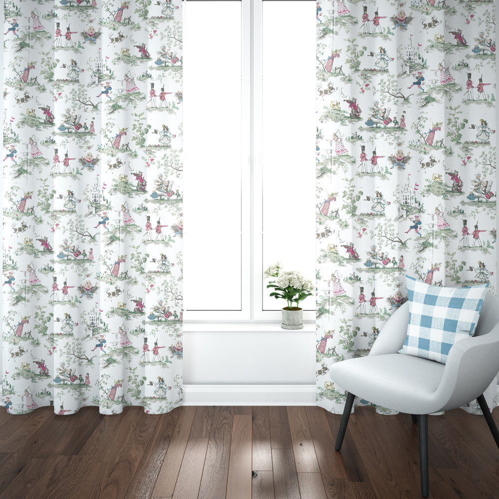 a white chair with a blue and white checkered pillow, positioned in front of a window with a floral patterned curtain.