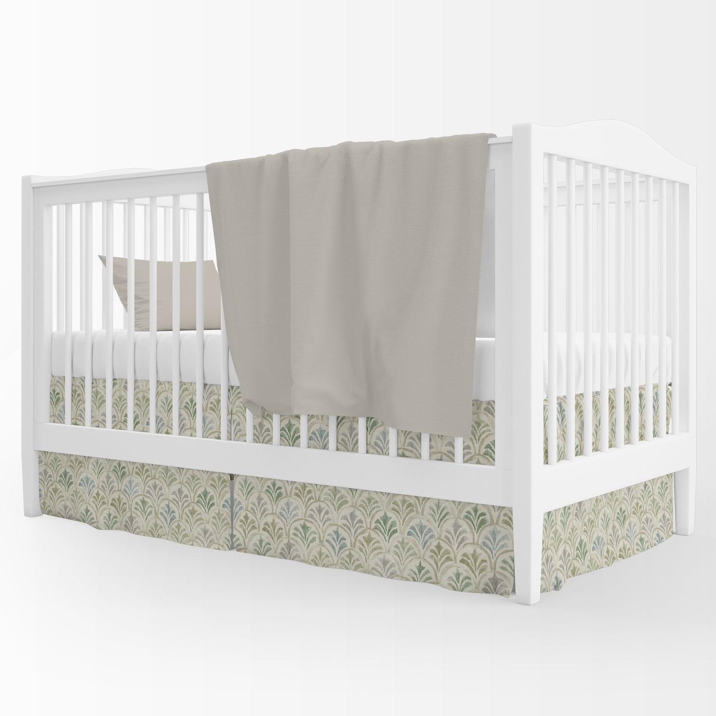 Tailored Crib Skirt in Countess Bay Green Scallop Watercolor
