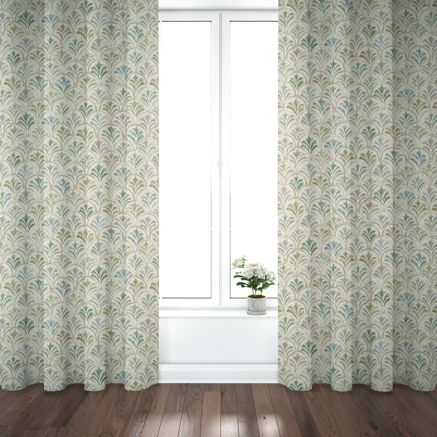 Pinch Pleated Curtain Panels Pair in Countess Bay Green Scallop Watercolor