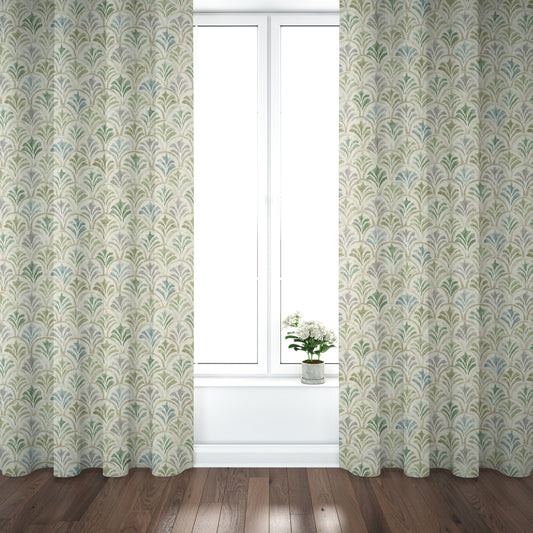 Pinch Pleated Curtain Panels Pair in Countess Bay Green Scallop Watercolor