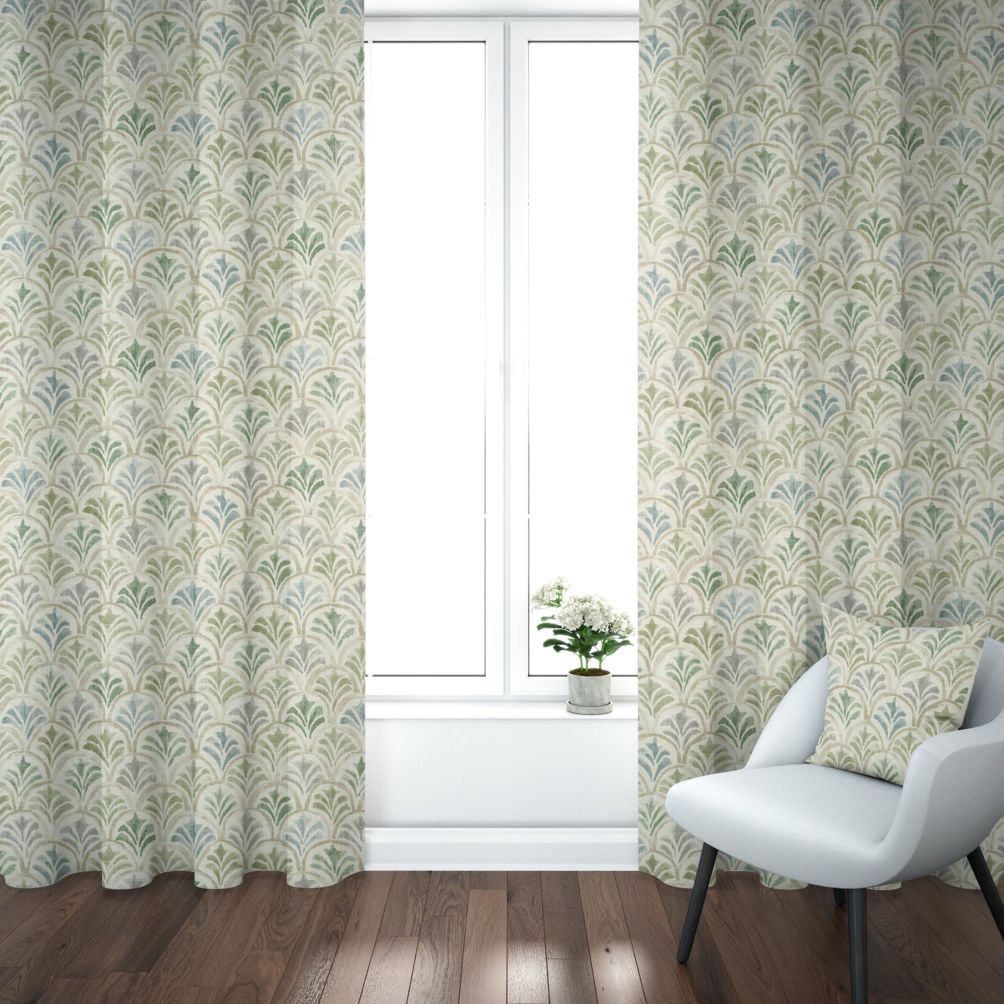 Tab Top Curtain Panels Pair in Countess Bay Green Scallop Watercolor
