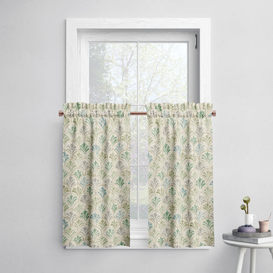 Tailored Tier Cafe Curtain Panels Pair in Countess Bay Green Scallop Watercolor