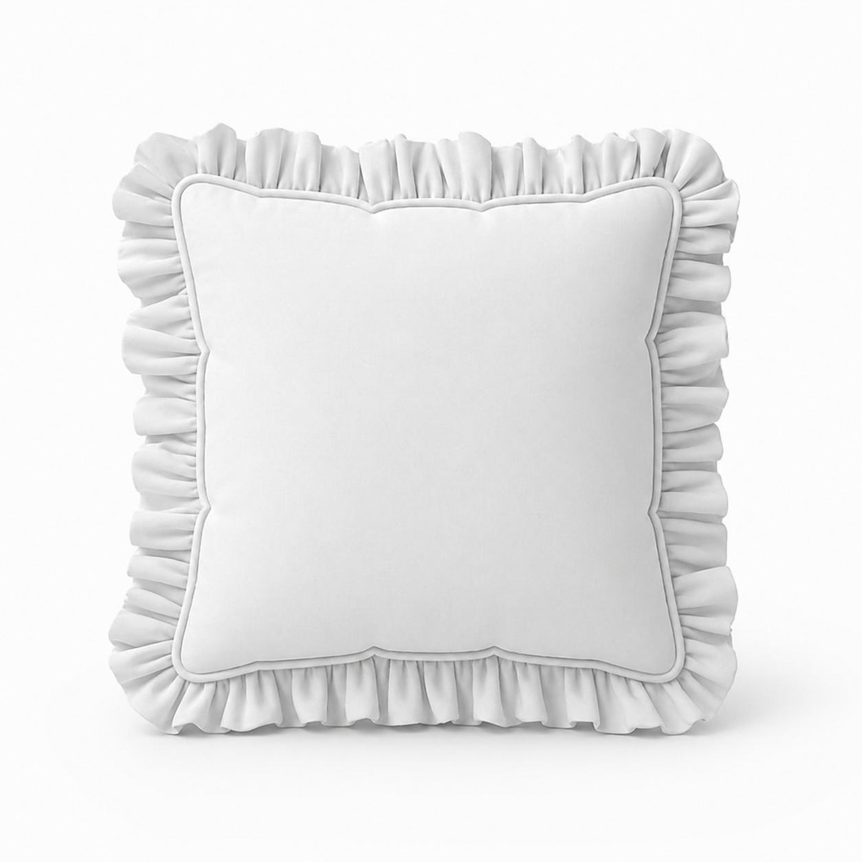 A plain white pillow with a ruffled edge.