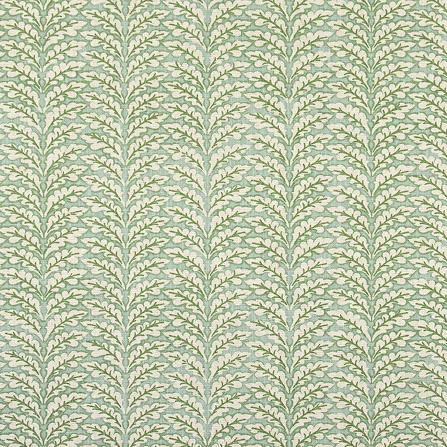 Gathered Bed Skirt in Spencer Tendril Green and Pale Blue on Slub Linen Natural