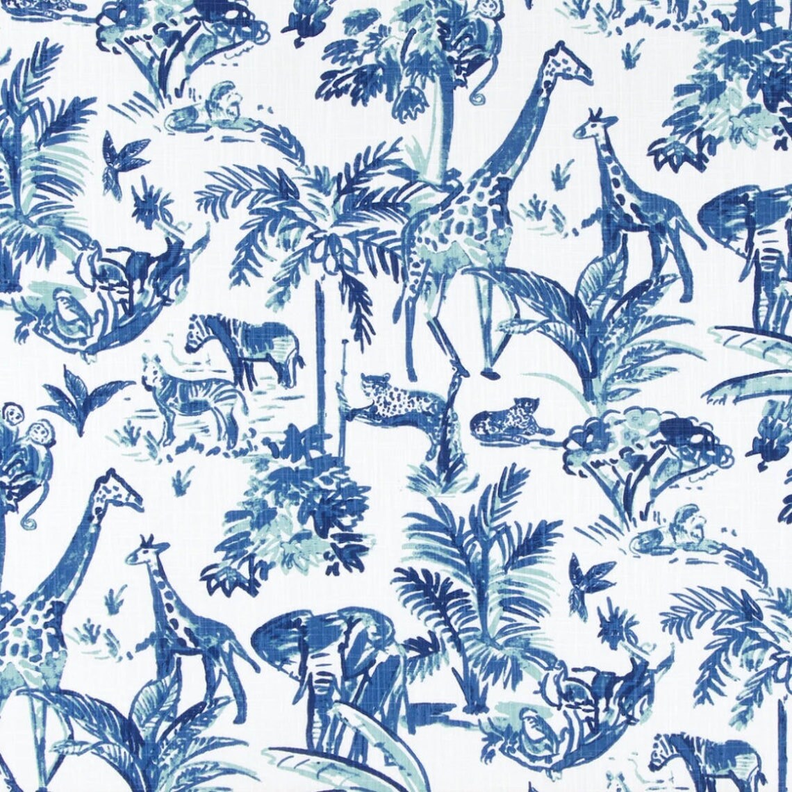 Back Tab Curtain Panels Pairs in Meru Commodore Blue, Cancun Blue Safari Animal Toile