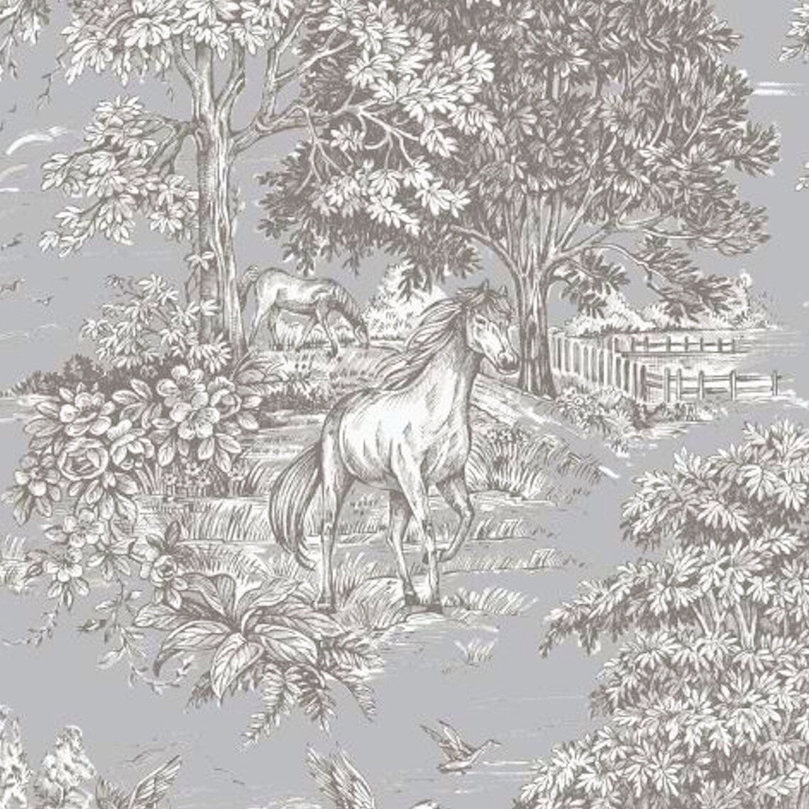 Tailored Bedskirt in Yellowstone Dove Blue Gray Country Toile- Horses, Deer, Dogs- Large Scale
