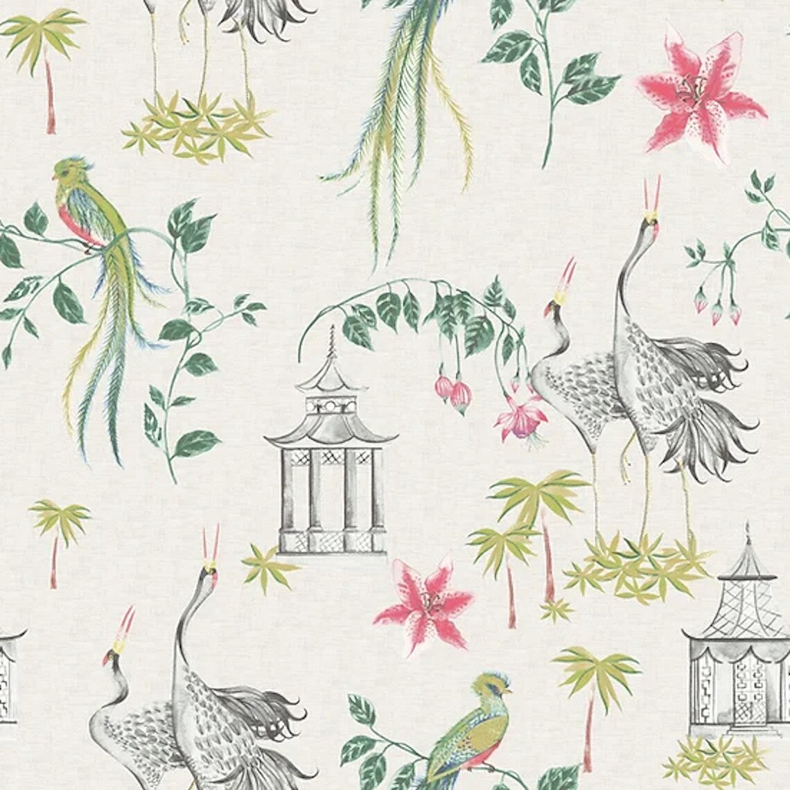 Bed Runner in Let It Crane Avocado Oriental Toile, Multicolor Chinoiserie