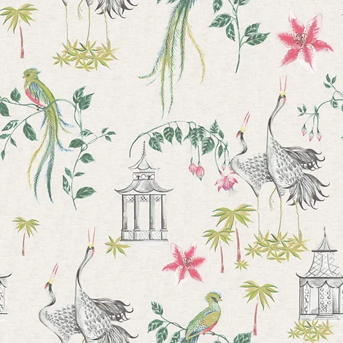 Back Tab Curtain Panels Pair in Let It Crane Avocado Oriental Toile, Multicolor Chinoiserie