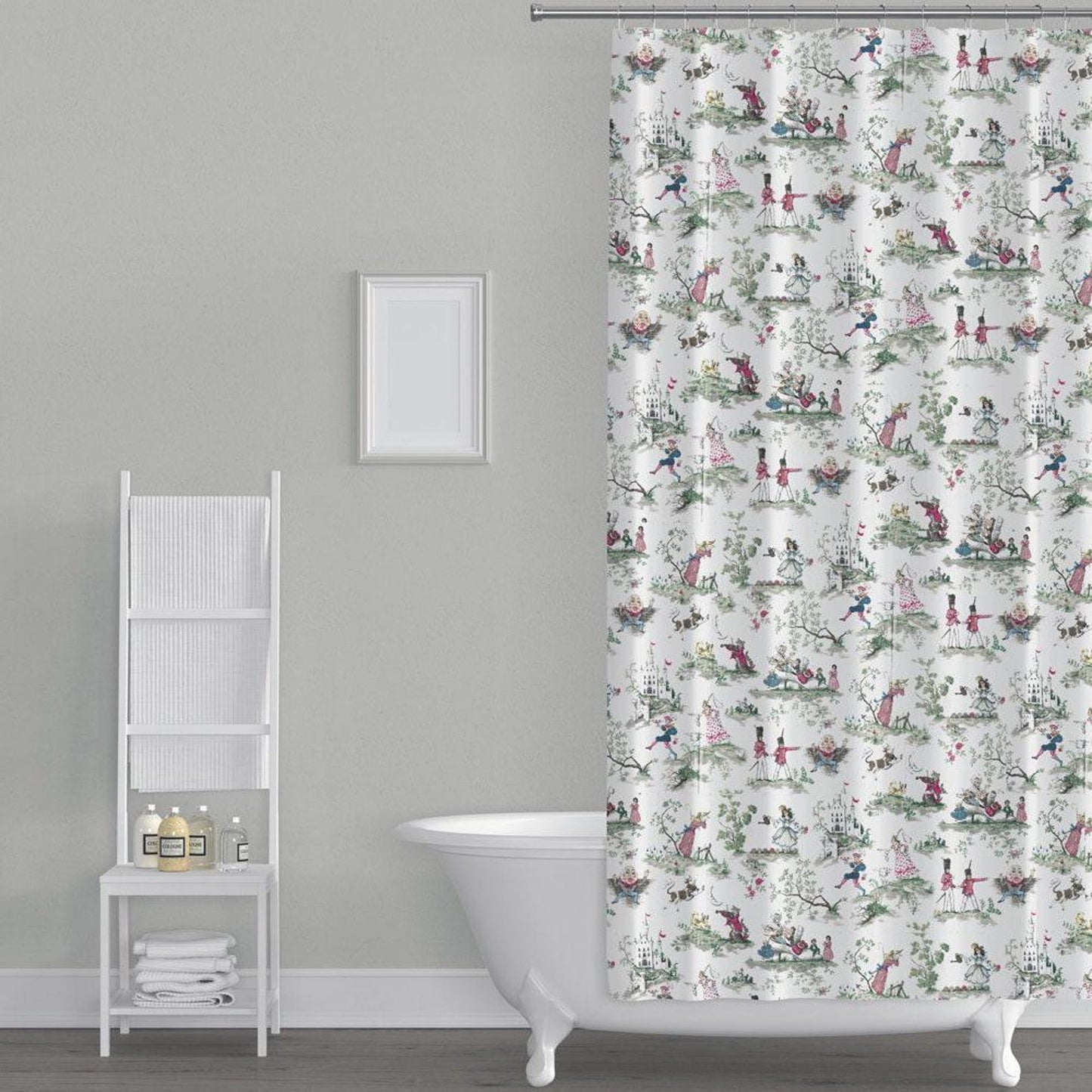 Stall (Narrow) Shower Curtain in Over the Moon Fairy Tale Toile - Nursery Rhyme, Green, Pink,