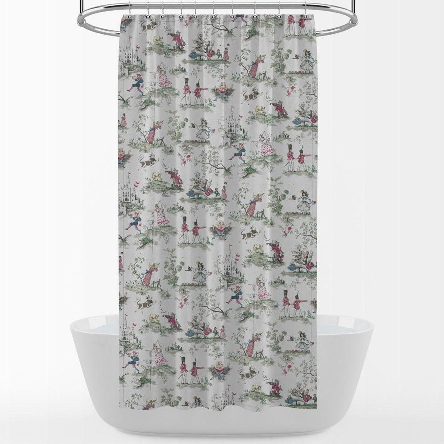 Stall (Narrow) Shower Curtain in Over the Moon Fairy Tale Toile - Nursery Rhyme, Green, Pink,