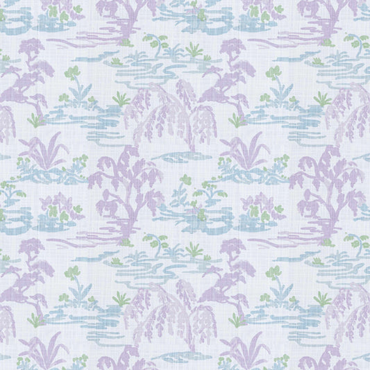 Scalloped Valance in Meadow Orchid Lavender Watercolor Toile Landscape