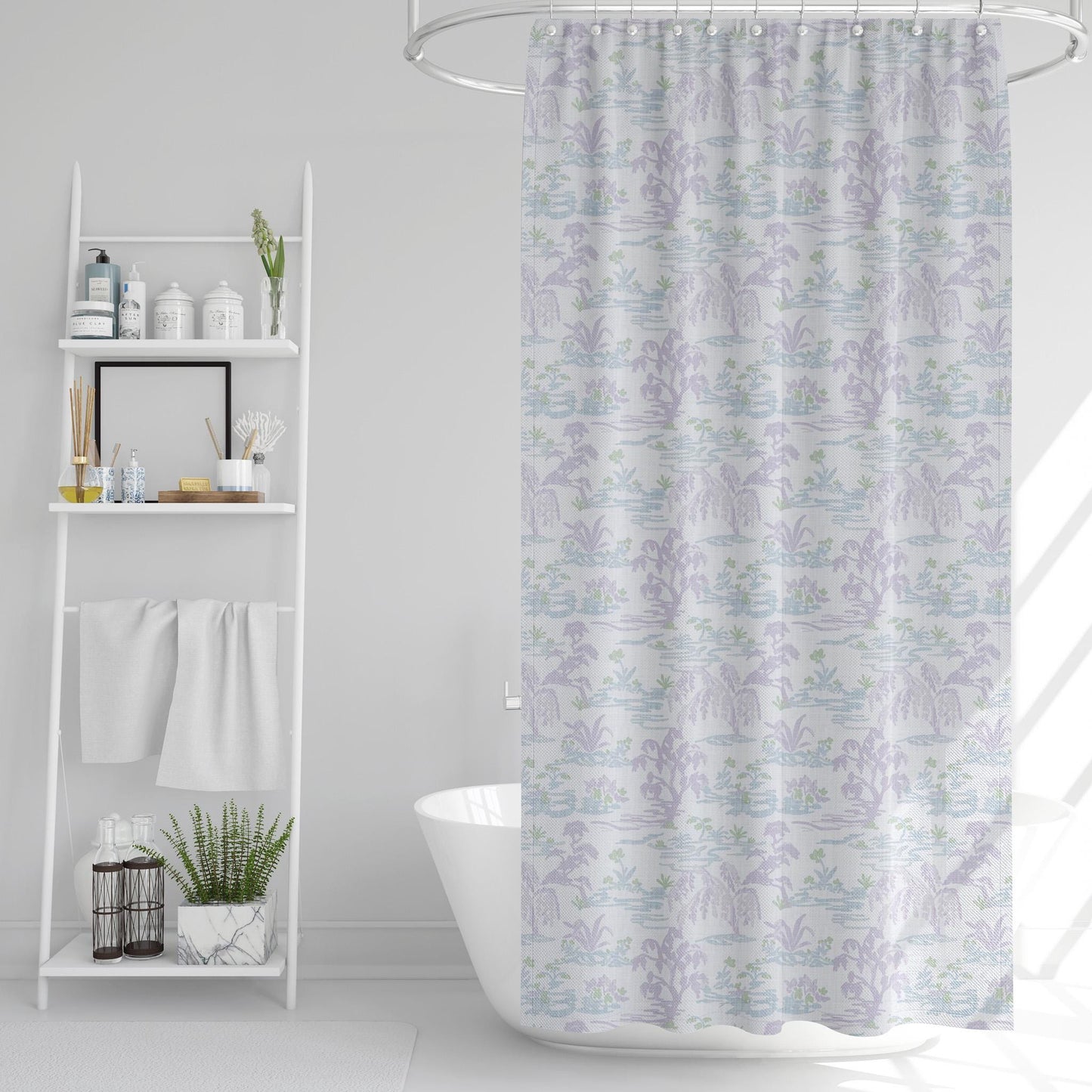 Shower Curtain in Meadow Orchid Lavender Watercolor Toile Landscape