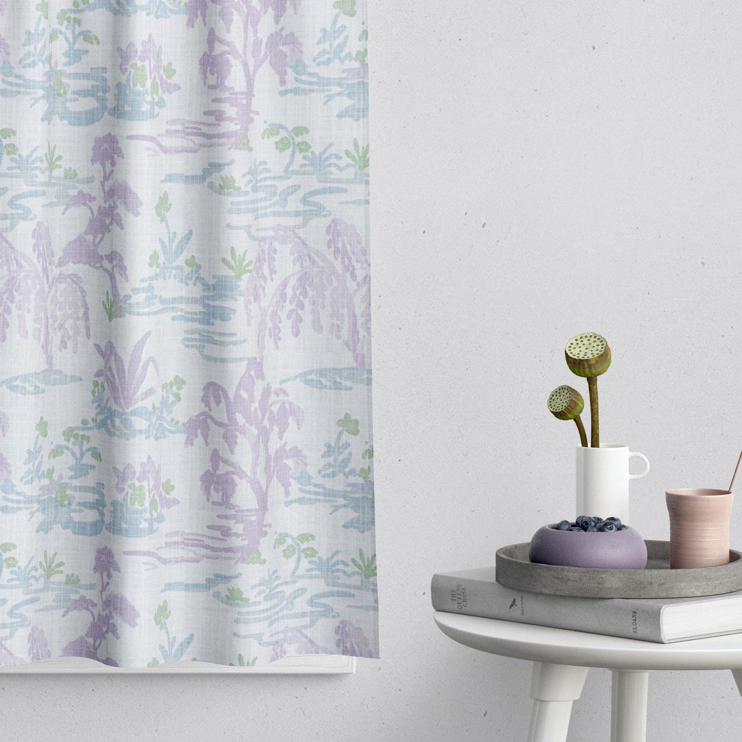 Tailored Tier Curtains in Meadow Orchid Lavender Watercolor Toile Landscape