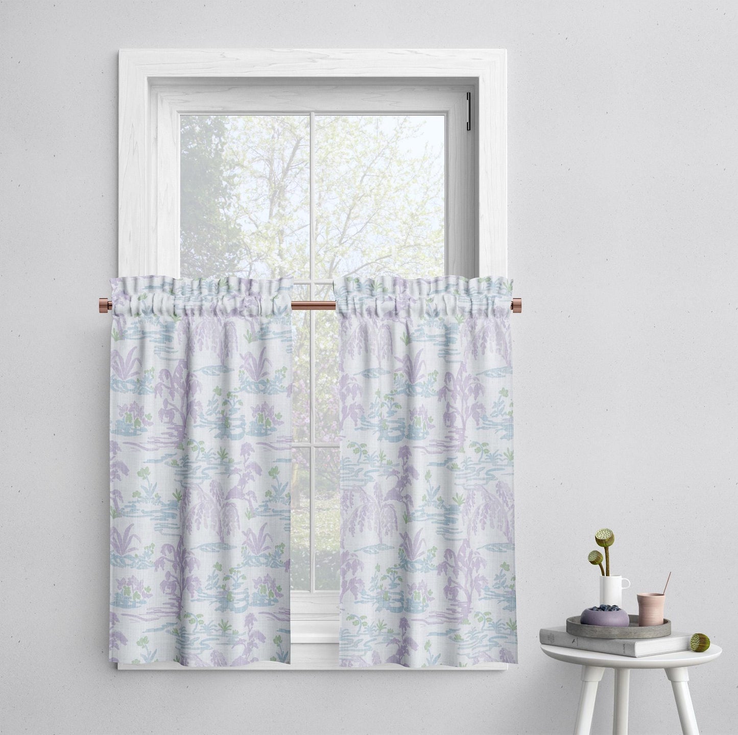 Tailored Tier Curtains in Meadow Orchid Lavender Watercolor Toile Landscape