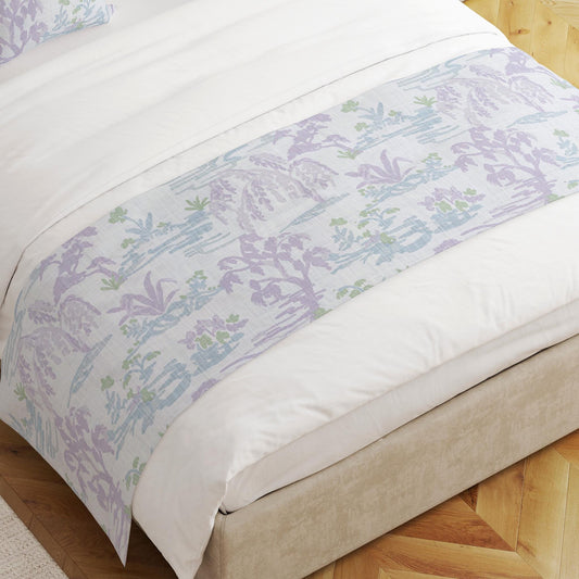 Bed Runner in Meadow Orchid Lavender Watercolor Toile Landscape