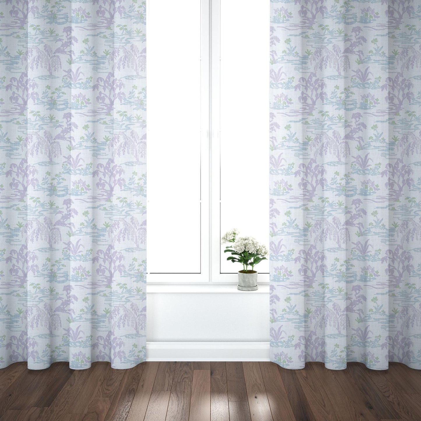 Pinch Pleated Curtains in Meadow Orchid Lavender Watercolor Toile Landscape