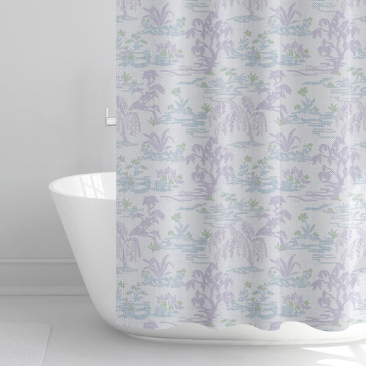 Shower Curtain in Meadow Orchid Lavender Watercolor Toile Landscape