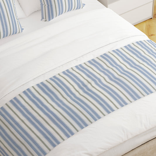 Bed Runner in Newbury Antique Blue Stripe- Blue, Green, White