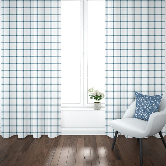 pinch pleated curtain panels pair in aaron italian denim blue windowpane plaid