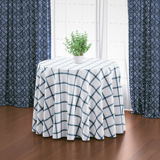 round tablecloth in aaron italian denim blue windowpane plaid