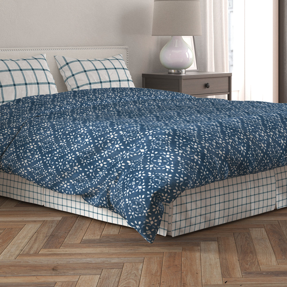 tailored bedskirt in aaron italian denim blue windowpane plaid
