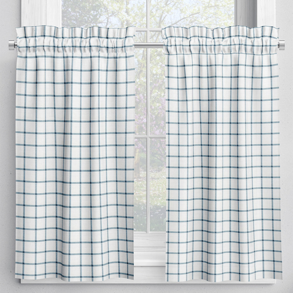 tailored tier cafe curtain panels pair in aaron italian denim blue windowpane plaid