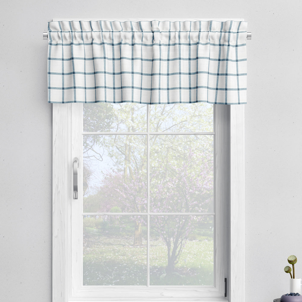 tailored valance in aaron italian denim blue windowpane plaid