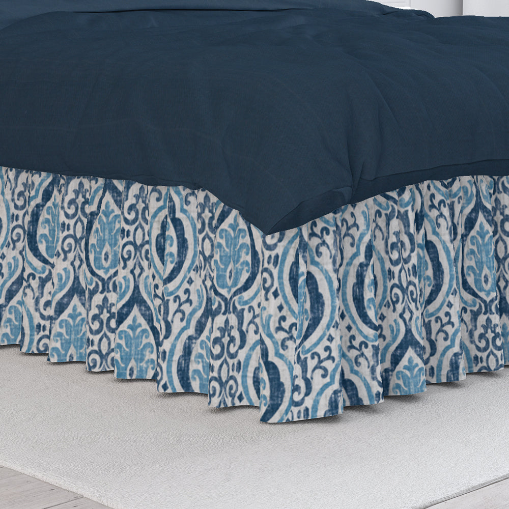 gathered bedskirt in alahambra sapphire blue damask medallion