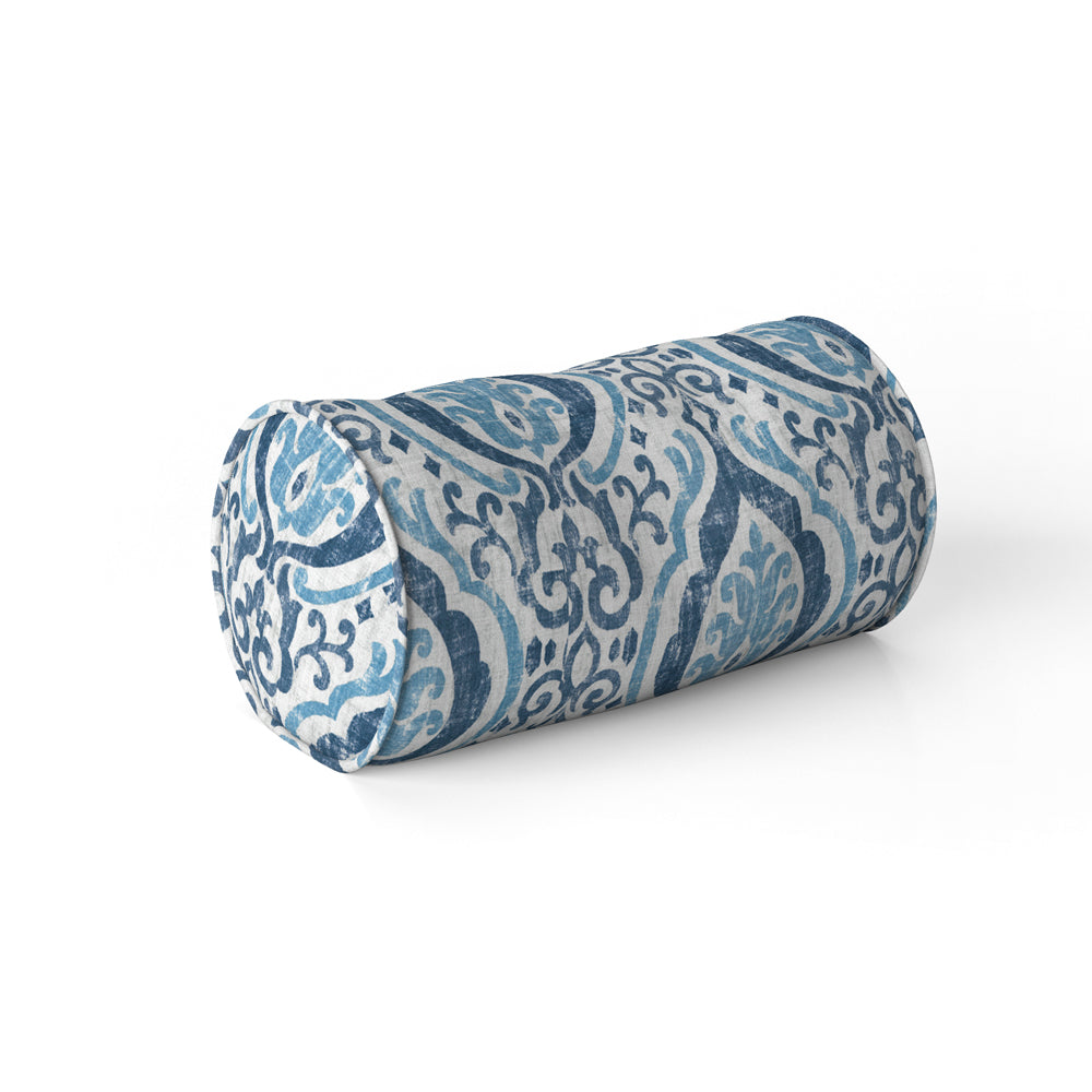 decorative pillows in alahambra sapphire blue damask medallion neck roll pillow
